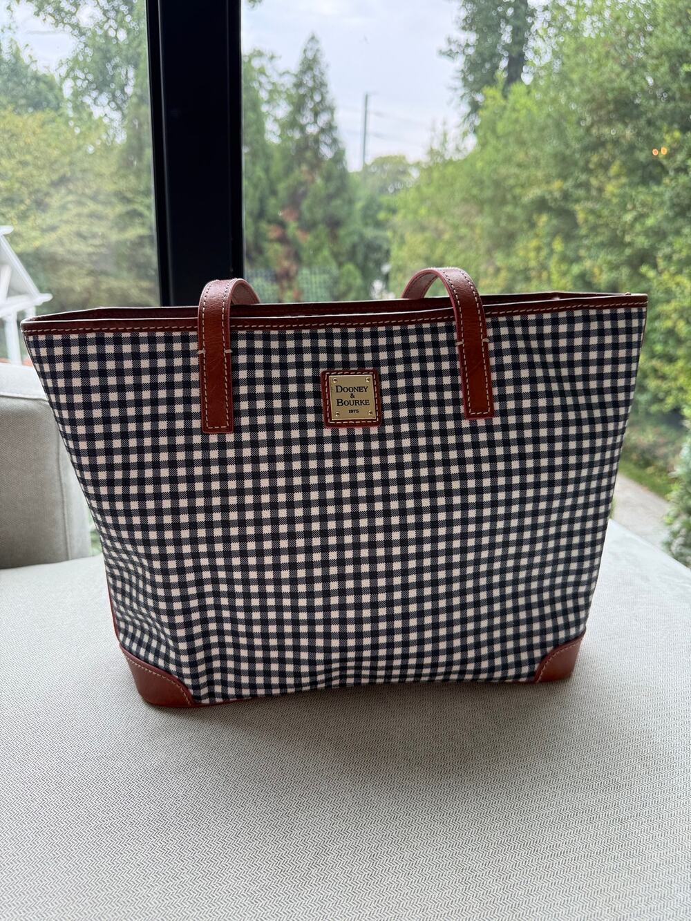Dooney and Bourke Purse Handbag
Tote Blue Gingham Check Leather Trim EUC